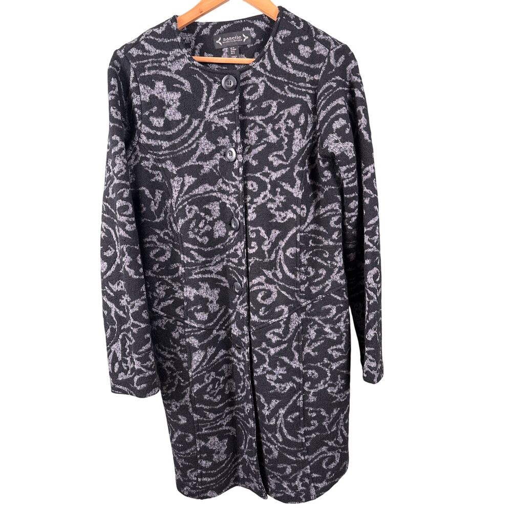 Nanette Lepore Trench Coat Jacket Women Medium Gray Jacquard Filigree Wool Blend